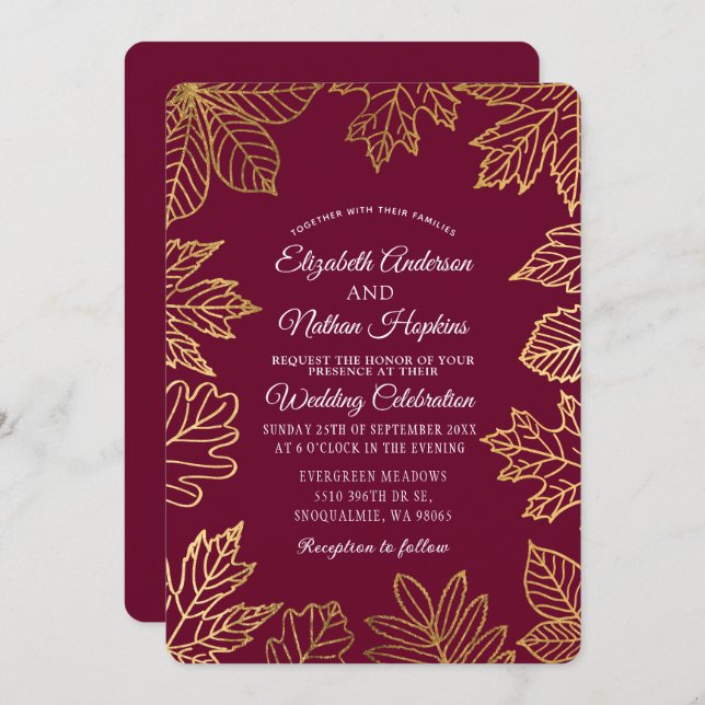 Invitation Rustic Classy Gold Cranberry Automne Feuilles Mari (Devant / Derrière)