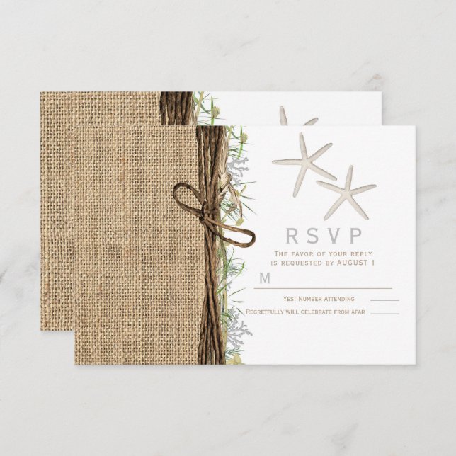 Invitation Rustic Coastal Beach Starfish Burlap Wedding RSVP (Devant / Derrière)