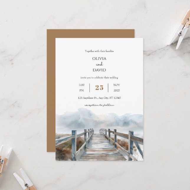 Invitation Rustic Coastal Boardwalk Art Beach Mariage (Devant/Arrière en situation)