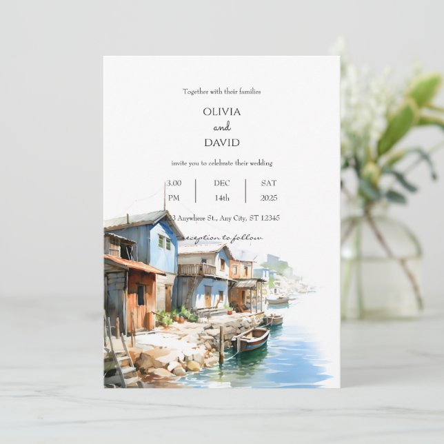 Invitation Rustic Coastal Fishing Village Shacks Mariage (Debout devant)