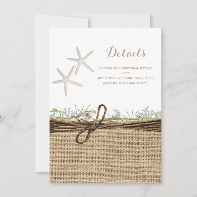 Invitation Rustic Coastal Starfish Burlap Détails du Mariage (Devant)