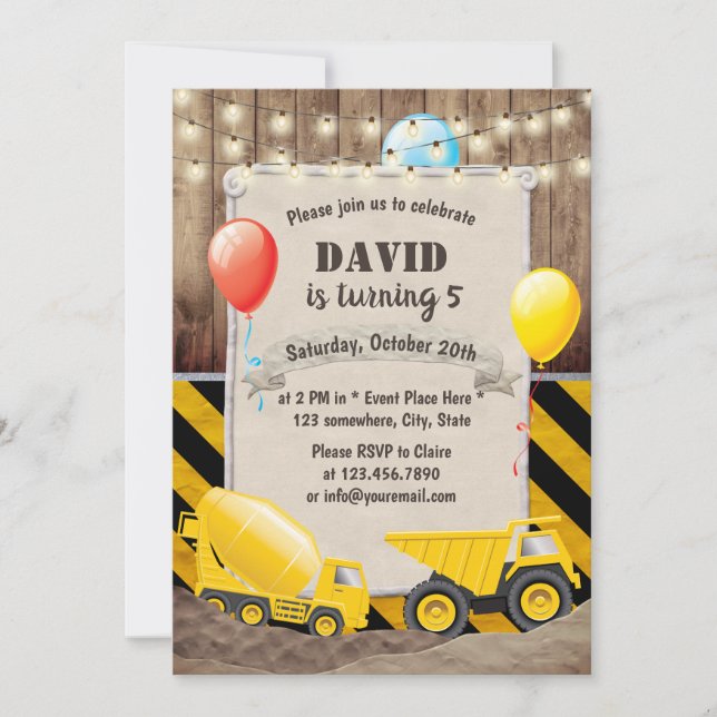 Invitation Rustic Construction Camion Boys Anniversaire (Devant)