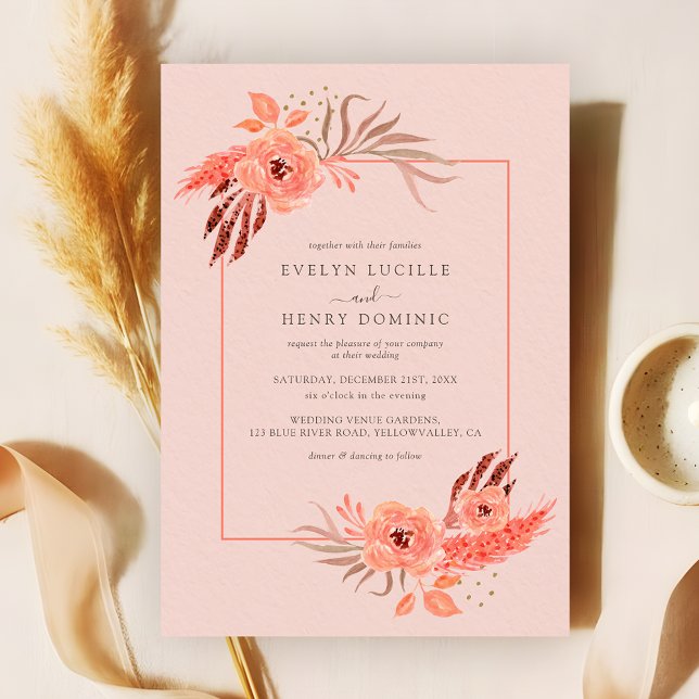 Invitation Rustic Coral Pink Floral Terracotta Wedding (Créateur téléchargé)