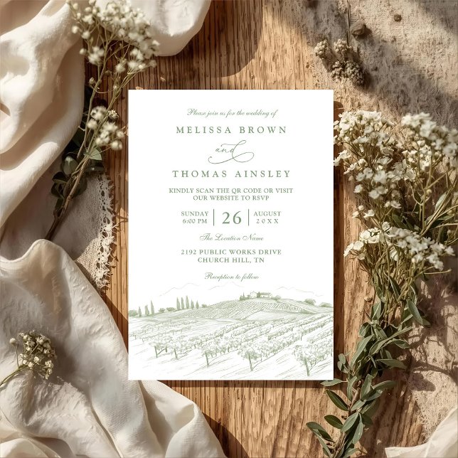 Invitation Rustic Country Art Line Elegant QR Code Wedding (Créateur téléchargé)