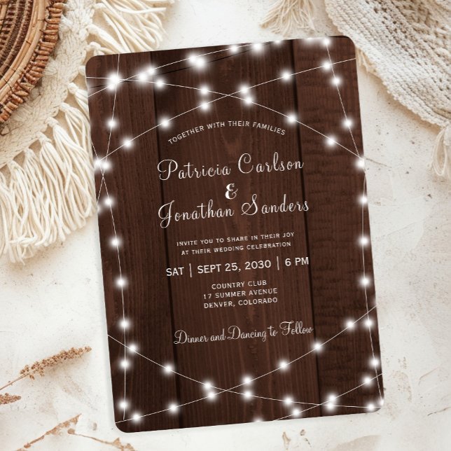 Invitation Rustic country barn wood string lights wedding (Créateur téléchargé)