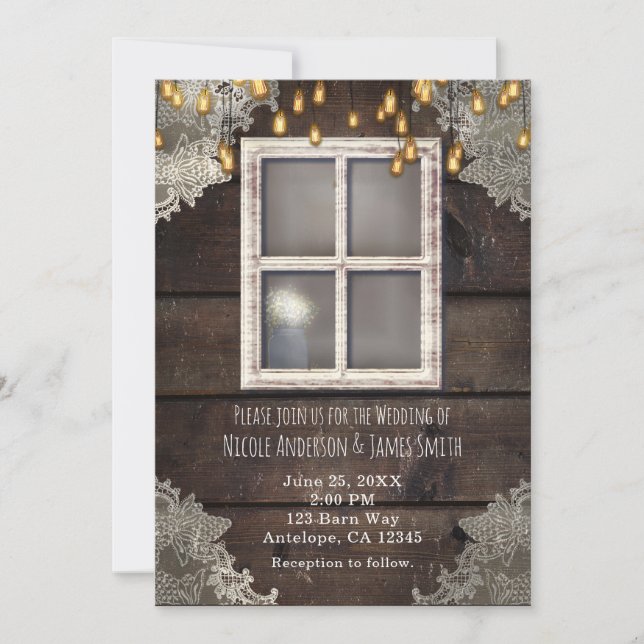Invitation Rustic Country Barne Fenêtre Lights Lace Invitatio (Devant)