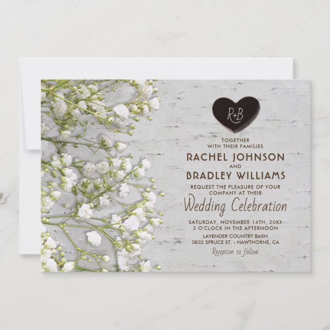 Invitation Rustic Country Birch Tree Baby's Breath Mariage (Devant)