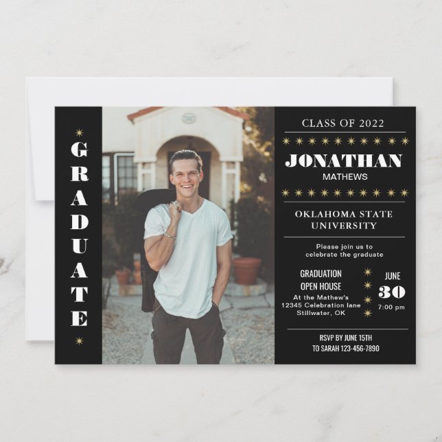 Invitation Rustic Country Black Gold Photo Graduation (Devant)