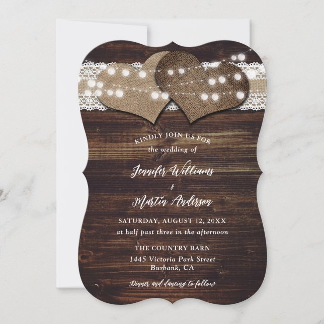 Invitation Rustic Country Bois Burlap et Mariage de dentelle (Devant)