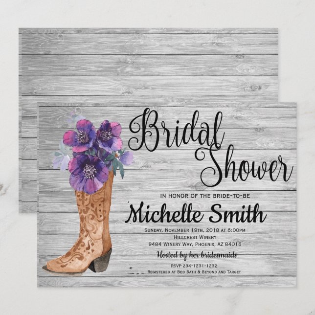 Invitation Rustic Country Bridal Purple Fête des mariées Vint (Devant / Derrière)