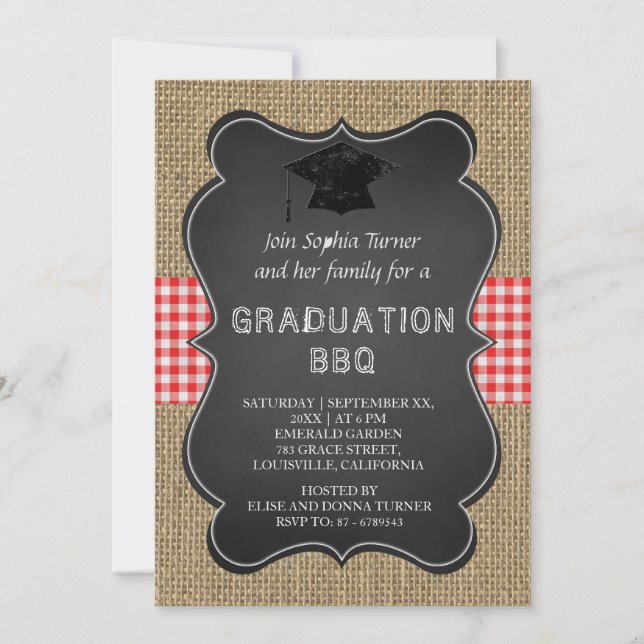 Invitation Rustic Country Burlap Chalkboard GRADUATION BBQ (Devant)