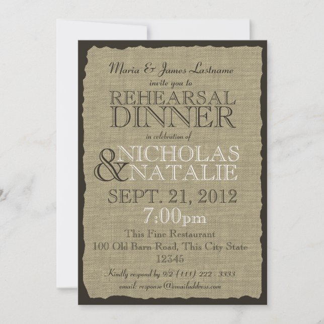 Invitation Rustic Country Burlap Dîner de répétition (Devant)