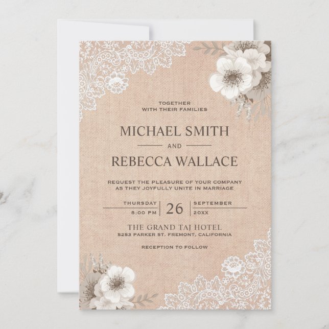 Invitation Rustic Country Burlap Lace Ivory FlorMariage (Devant)
