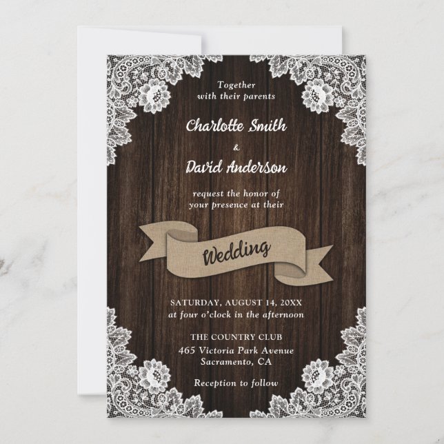 Invitation Rustic Country Burlap Ruban Mariage en dentelle de (Devant)
