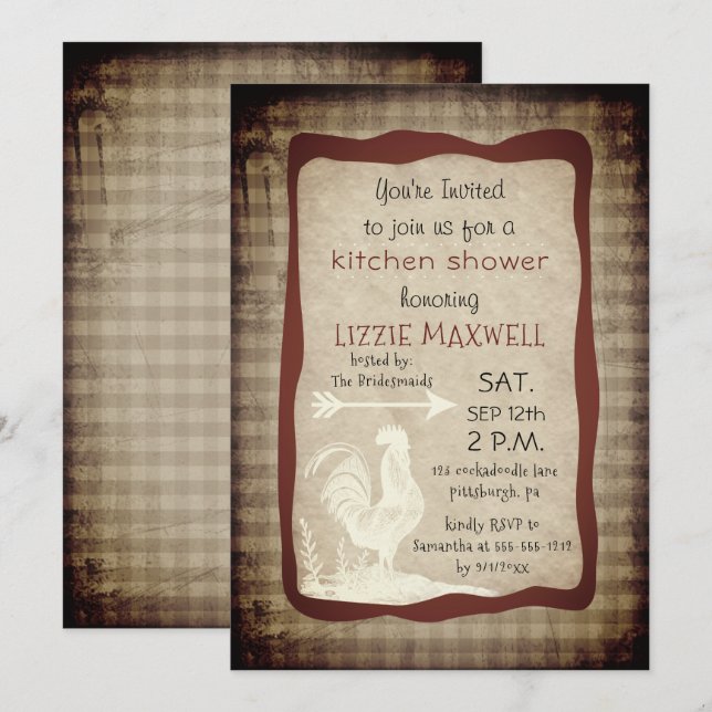 Invitation Rustic Country Check Rooster Kitchen Douche (Devant / Derrière)