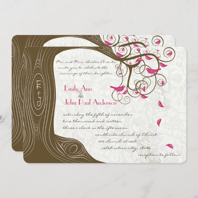 Invitation Rustic Country Chic Tree Oiseaux roses Mariages (Devant / Derrière)