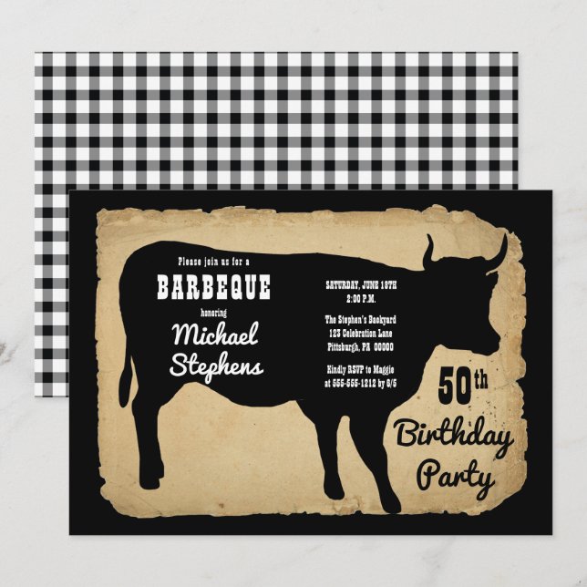 Invitation Rustic Country Cow 50e Anniversaire de fête Barbeq (Devant / Derrière)