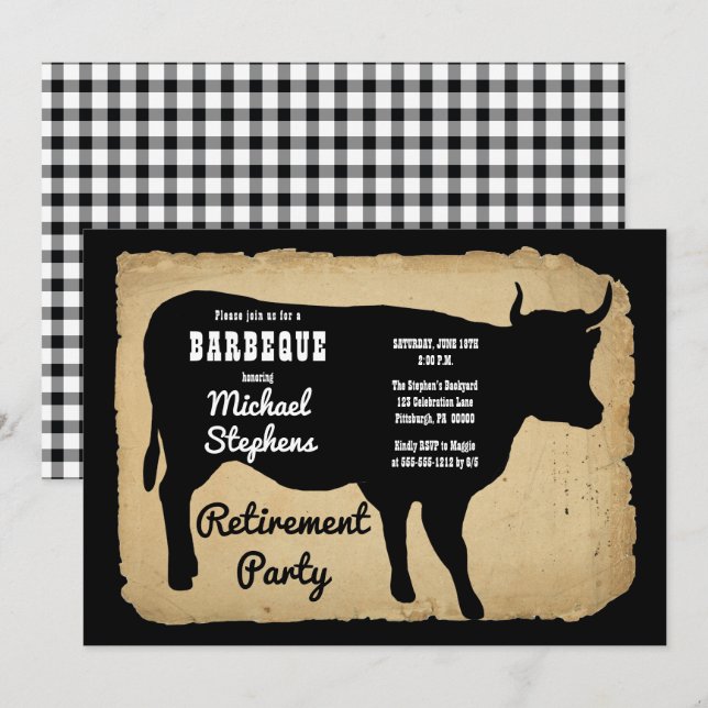 Invitation Rustic Country Cow BBQ Retraite Party (Devant / Derrière)