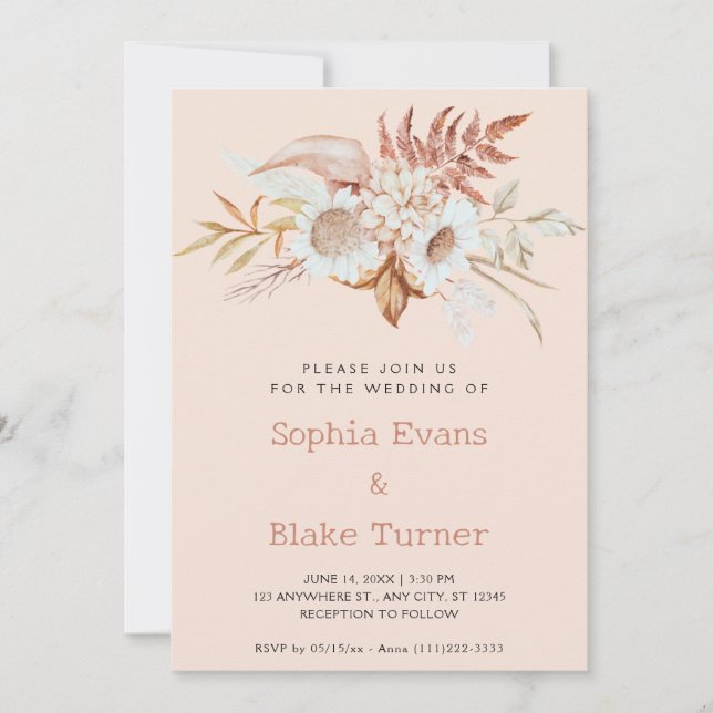 Invitation Rustic Country Floral Botanique rose crème Mariage (Devant)
