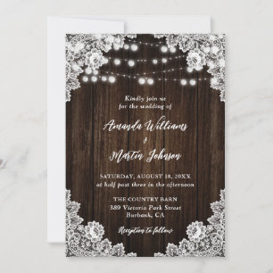 Invitation Rustic Country Grange Bois Floral Mariage dentelle