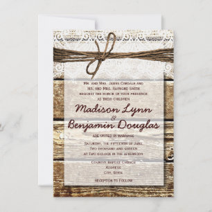 Invitation Rustic Country Grange Dentelle en bois de bois Inv