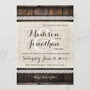 Invitation Rustic Country Grange Dentelle en bois de bois Inv