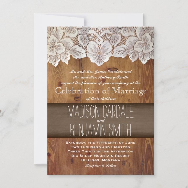 Invitation Rustic Country Grange Dentelle en bois de bois Inv (Devant)