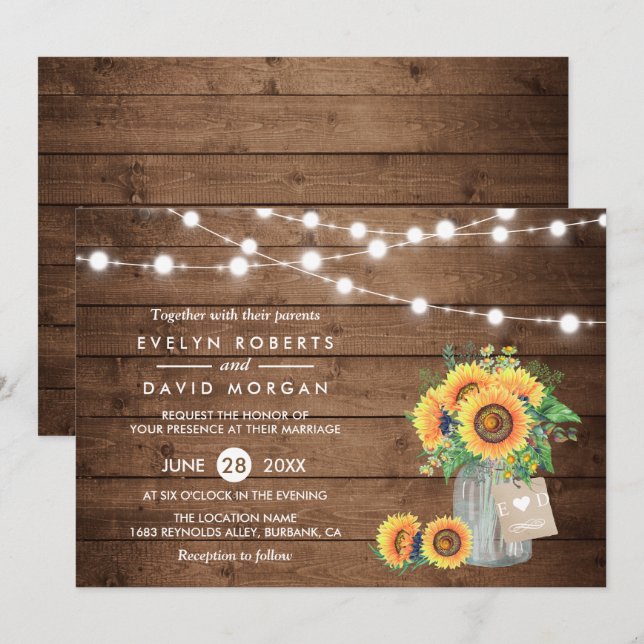 Invitation Rustic Country Grange Lumières Sunflower Mariage (Devant / Derrière)