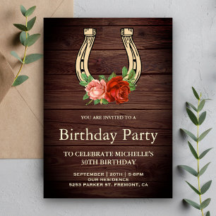 Invitation Rustic Country Grange Wood Floral Horseshoe Annive