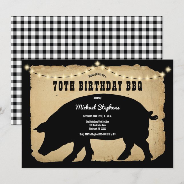 Invitation Rustic Country Hog 70e Anniversaire Barbeque - BBQ (Devant / Derrière)