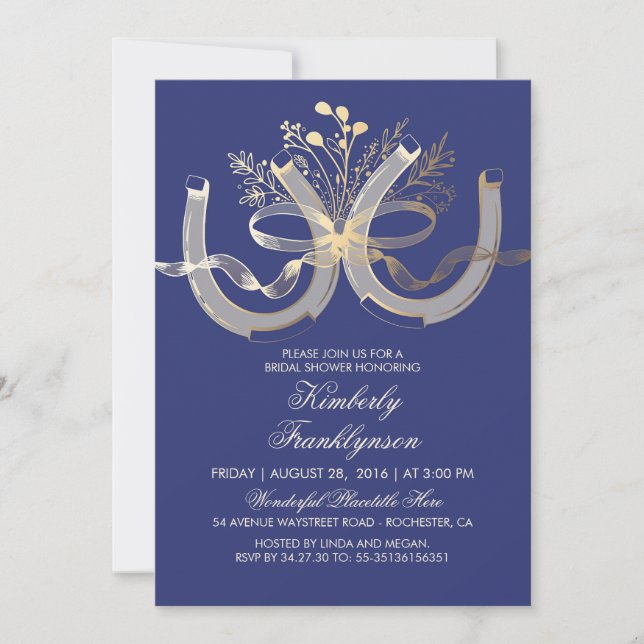 Invitation Rustic Country Horseshoe Gold Navy Fête des mariée (Devant)