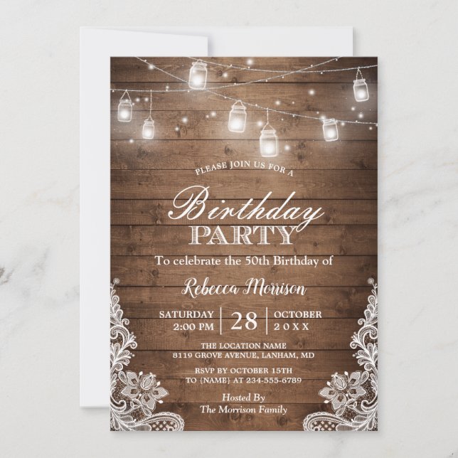 Invitation Rustic Country Mason Jar Lumières fête d'anniversa (Devant)