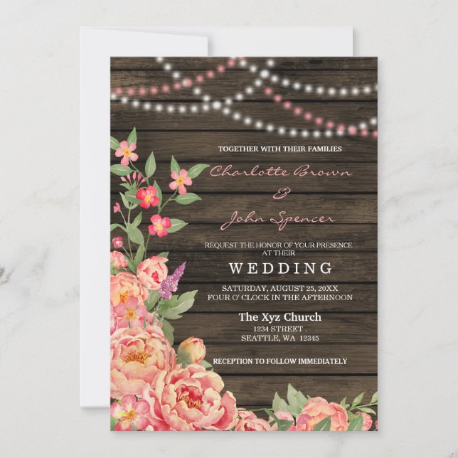 Invitation Rustic Country Peony Grange Mariage bois (Devant)