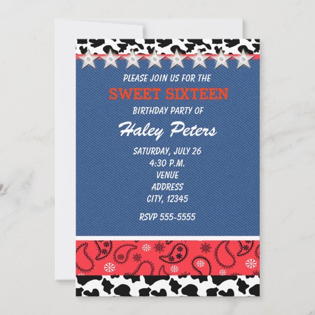 Invitation Rustic Country Stars & Vache Imprimer Bandanna Par (Devant)