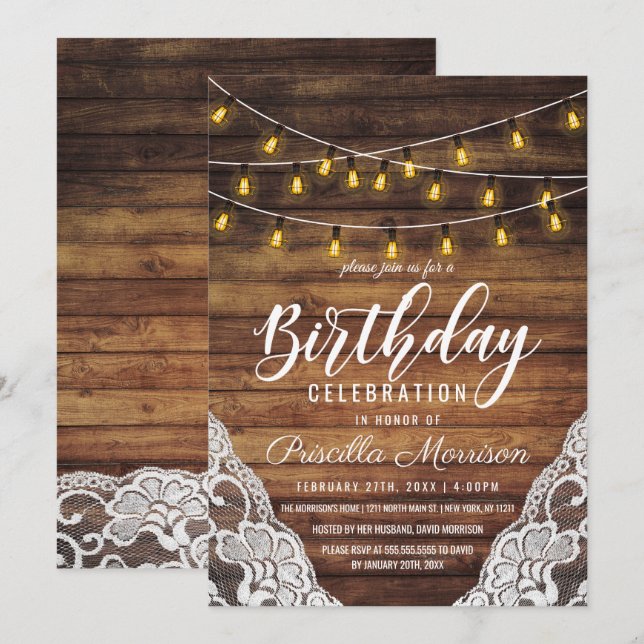 Invitation Rustic Country String éclat Dentelle de bois Anniv (Devant / Derrière)
