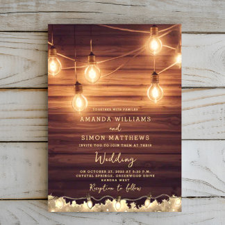 Invitation Rustic Country String lights Barre Mariage bois