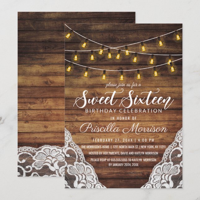 Invitation Rustic Country String Lights Wood Lace Sweet 16 (Devant / Derrière)