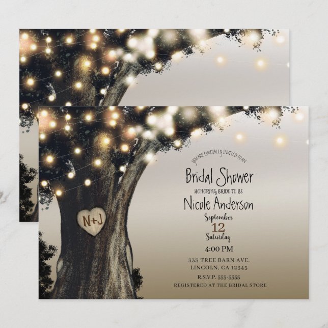 Invitation Rustic Country Tree Lumières Barne Fête des mariée (Devant / Derrière)