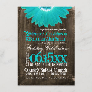 Invitation Rustic Country Turquoise Daisy Wood Wedding Invita