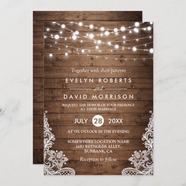 Invitation Rustic Country Wood Twinkle Mariage de dentelle (Devant / Derrière)