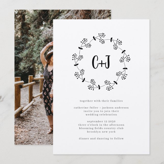 Invitation Rustic Country Wreath Photo Monogramme Chic Mariag (Devant / Derrière)