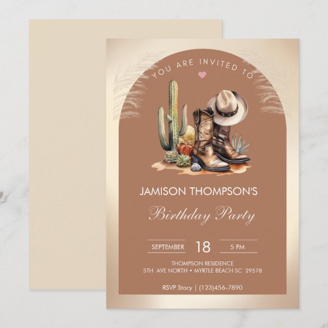 Invitation Rustic Cowboy Casquette et Bottes Aquarelle Annive (Devant / Derrière)