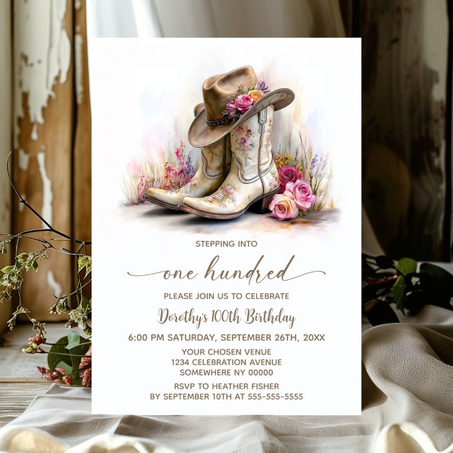 Invitation Rustic Cowgirl Boots and Hat 100th Birthday Party (Créateur téléchargé)