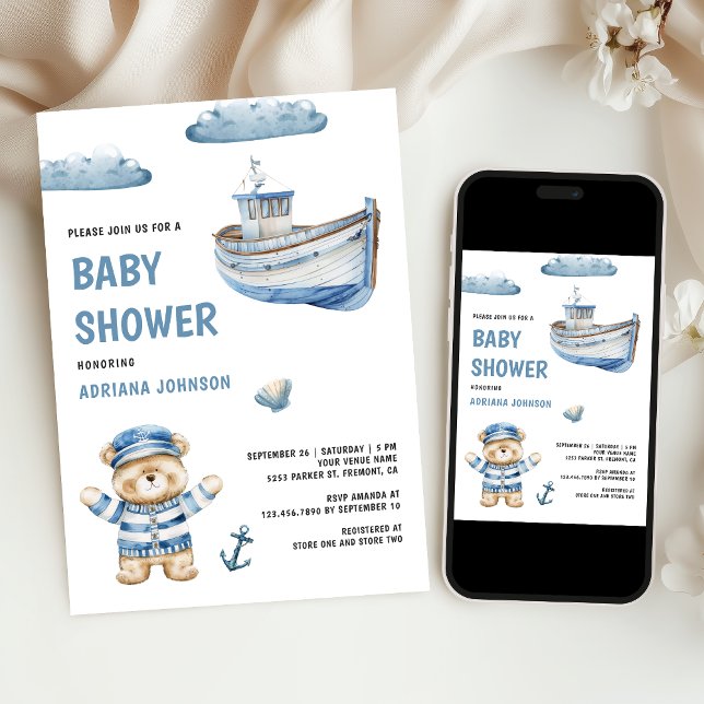 Invitation Rustic Cute Teddy Bear Nautical Boat Baby Shower (Créateur téléchargé)