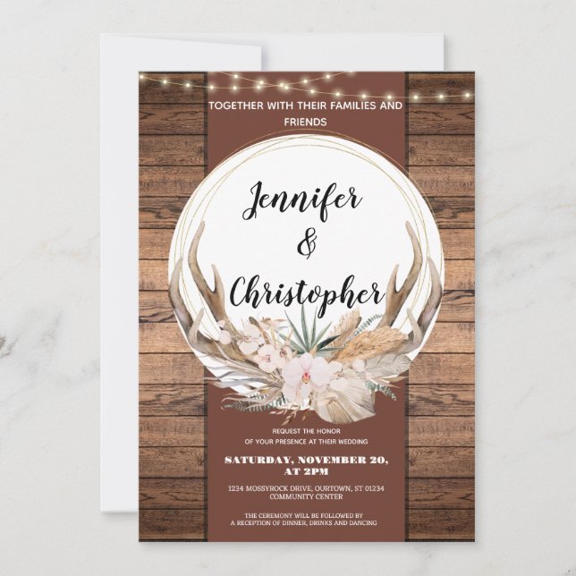 Invitation Rustic Deer Antler Mariage (Devant)