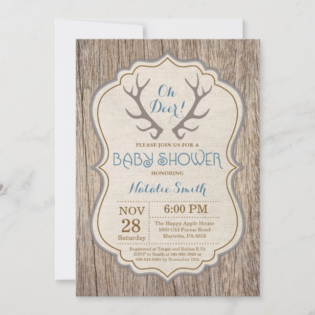 Invitation Rustic Deer Antler Oh Deer Boy Baby shower (Devant)