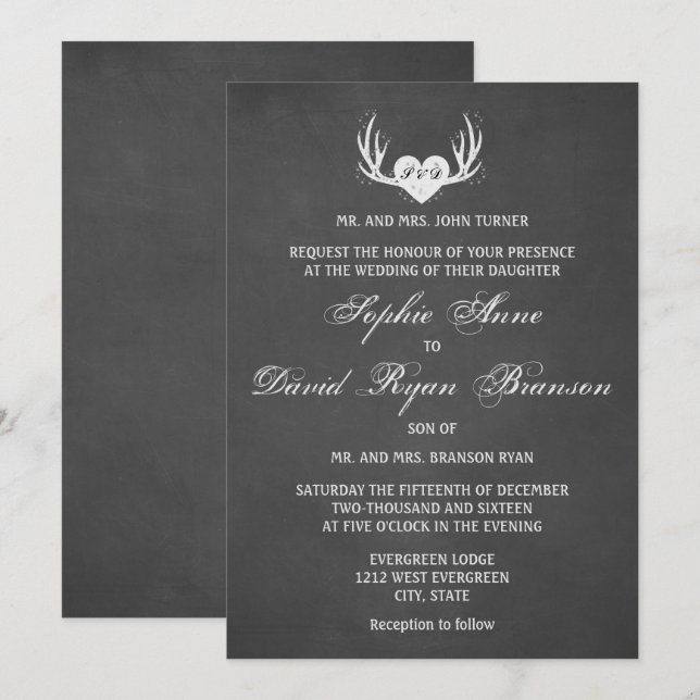 Invitation Rustic Deer Antlers & Heart Chalk Wedding Inviter (Devant / Derrière)
