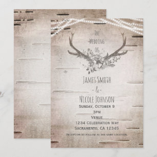Invitation Rustic Deer Antlers & White Birch Vintage Wedding
