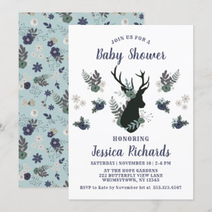 Invitation Rustic Deer Head Bleu Floral Baby shower moderne