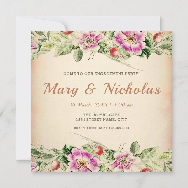Invitation Rustic Elegant Vintage Floral Engagement Party (Devant)